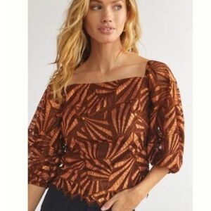 NEW Anthropologie Eva Franco Shine Animal Print Golden Lace Blouse - Size Large